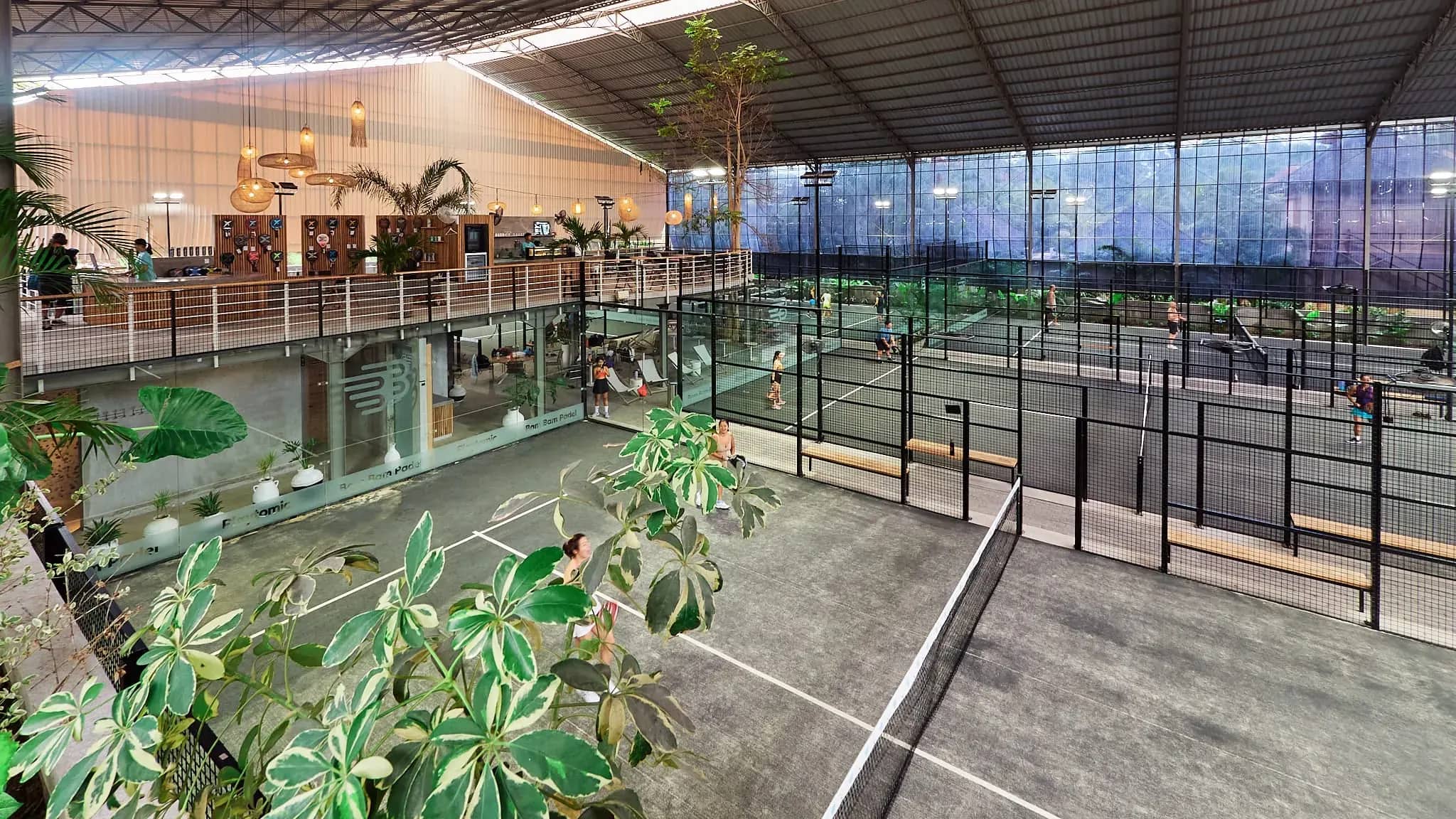 An aerial view of the covered courts and the tribune at Bam Bam Padel